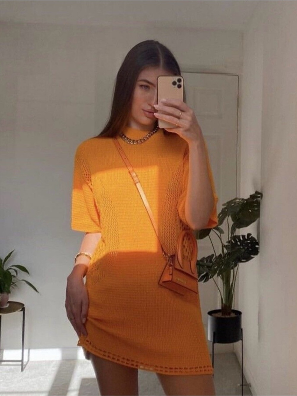 H&M Orange Crochet Knit Mini Dress with Short Sleeves